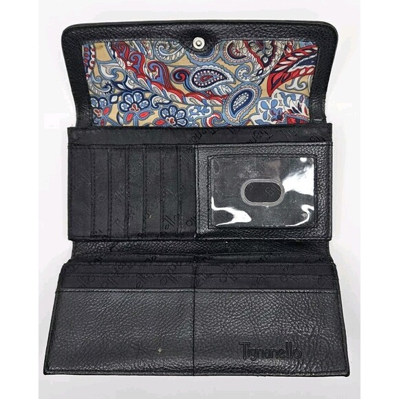 Tignanello Black Wallet Large Pebbled Leather Paisley Lined - Picture 3 of 8